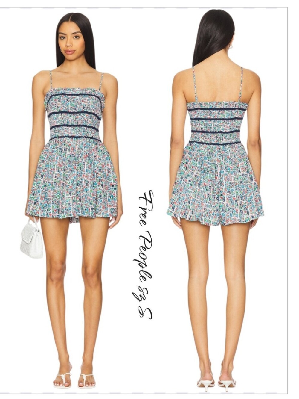 FREE PEOPLE Bali Checked Out Romper Gardenia Combo Blue Smocked Floral S NWT